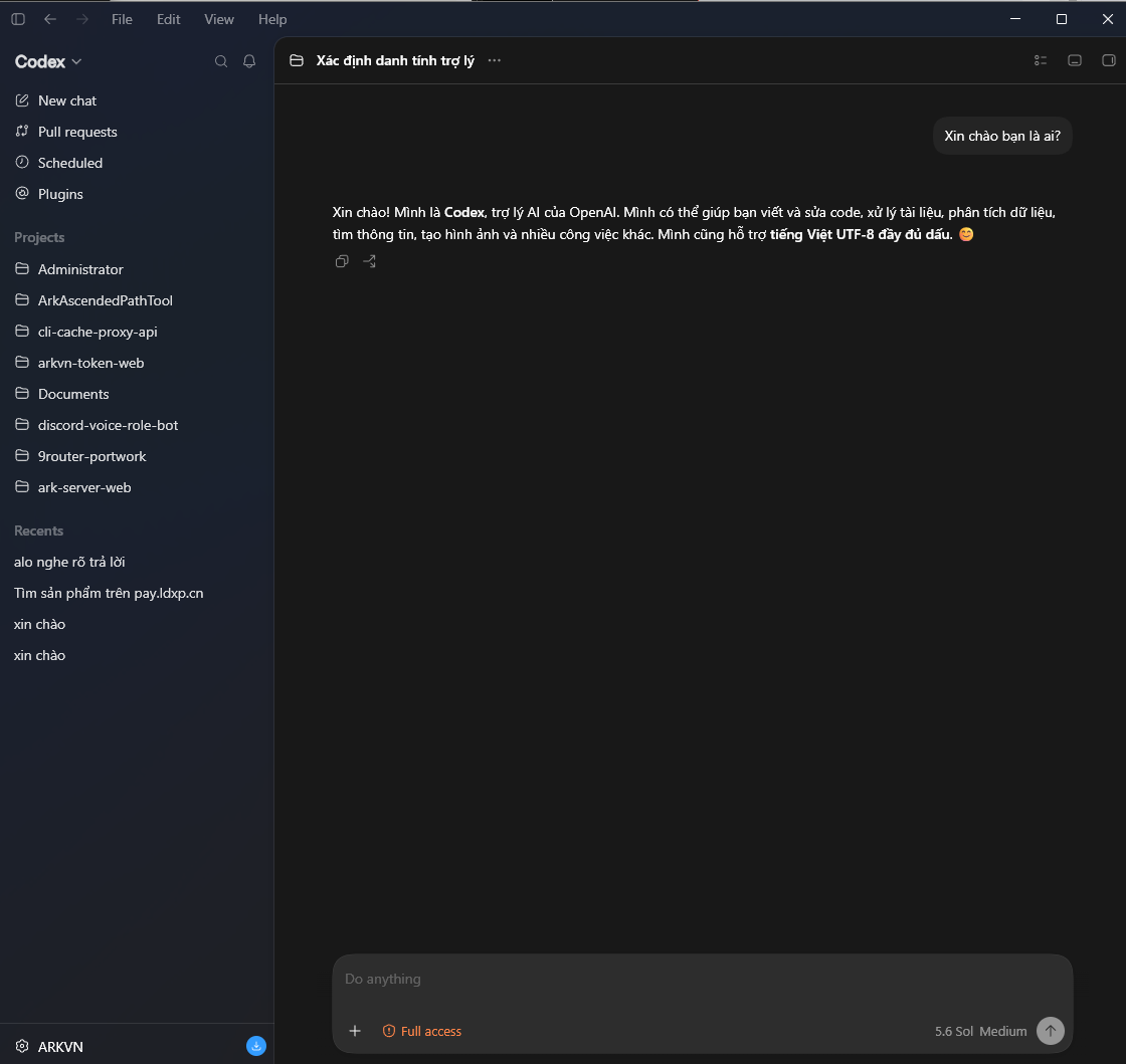 Giao diện Codex sidebar Projects khi dùng qua HH Tech API Gateway