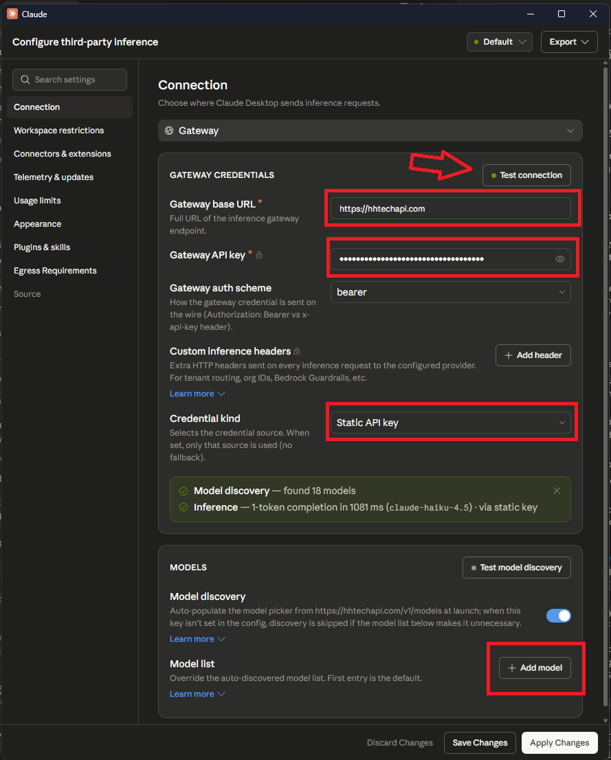 Configure third-party inference Gateway base URL API key Test connection Apply Changes
