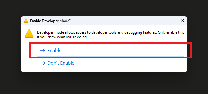 Hộp thoại Enable Developer Mode