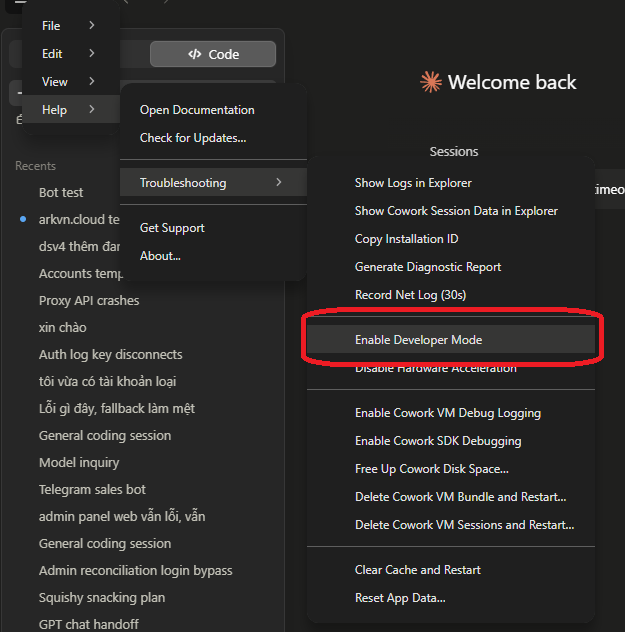 Menu Help Troubleshooting Enable Developer Mode