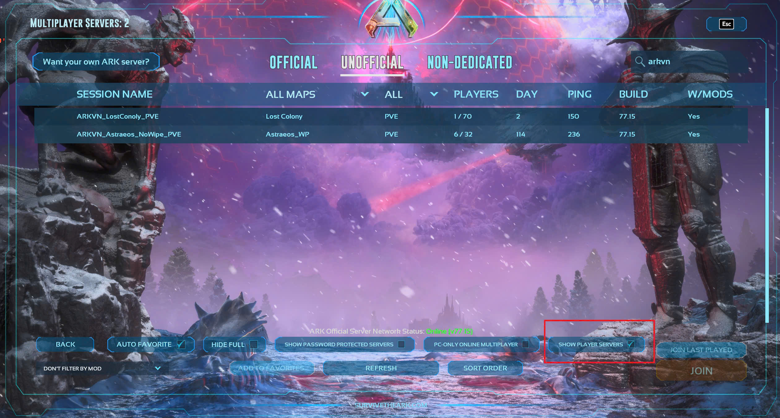 Màn hình Join Game với ô Show Player Servers và tìm ARKVN