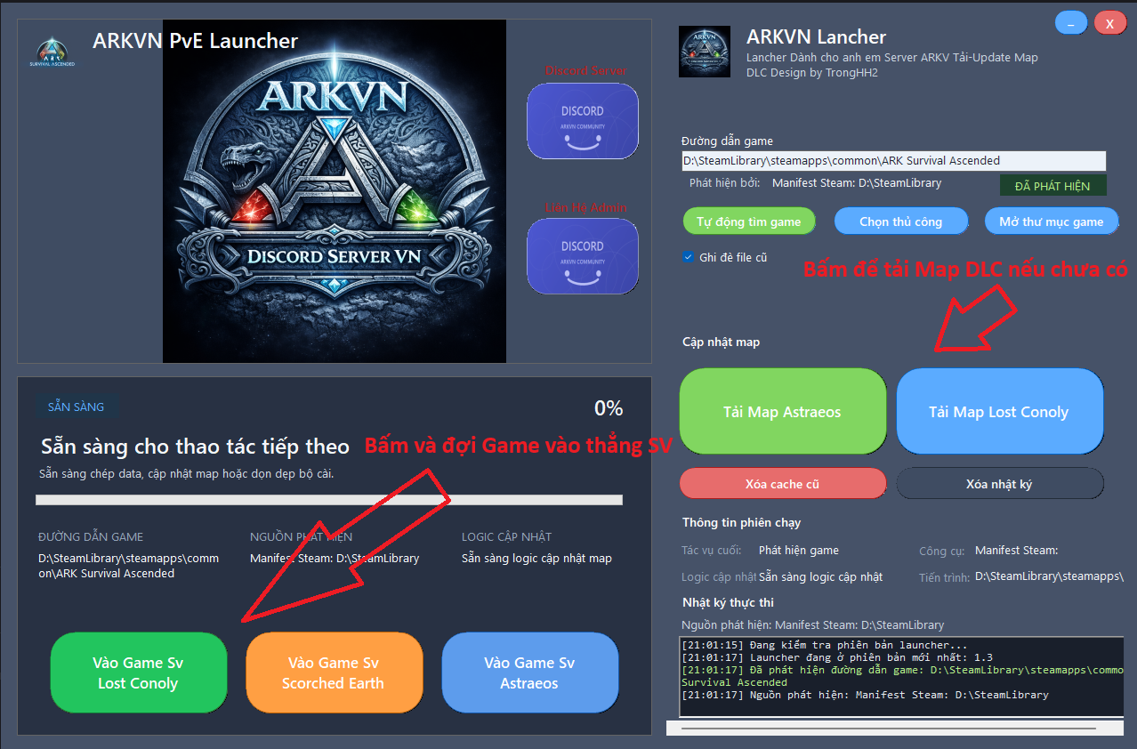 Giao diện ARKVN Launcher với nút tải map và vào game